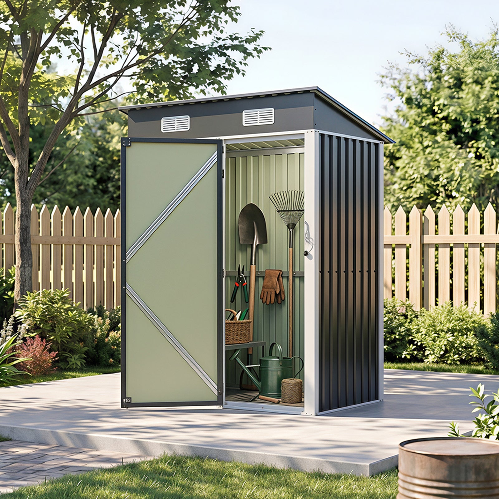 5x3FT Galvanised Metal Garden Shed With Pent Roof Lockable Door